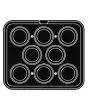 PLAQUE ROUND POUR COOKMATIC - MOD. F - EN ALUMINIUM - REVÊTEMENT ANTI-ADHÉSIF - DIMENSIONS L 38 x P 33 cm - CONVIENT AUSSI POUR COOKMATIC SPECIAL - DIM. SUP. ø 9 cm - DIM. INF. ø 6,2 cm - H 2,5 cm - PROFIL FESTONNÉ - 8 EMPREINTES RONDES GRANDES - ÉPAISSEU