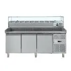 COMPTOIR RÉFRIGÉRÉ À PIZZA EN ACIER INOX - AVEC VITRINE À INGRÉDIENTS - POUR BACS À PIZZA 60x40 cm - VENTILÉ - Mod DB3600TN38  - N 3 portes - Température -2°/+8°C - Dimensions 202,5x80x145,5 cm