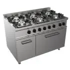 CUISINIÈRES À GAZ  6 FEUX - MOD. G7NURG8FH6O - Four électrique statique  GN 2/1 68,5x53xh35 cm -Compartiment neutre avec porte - Puissance gaz kW 27 - Dim. 120x70xh85 cm - Norme CE