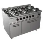 CUISINIÈRES À GAZ  6 FEUX - MOD. G7NURG6FN3M3G - Four à gaz statique GN 2/1  68,5x53xh35 cm - Compartiment neutre avec porte - Puissance totale kW 43,9 - Dim. 120x70xh85 cm - Norme CE