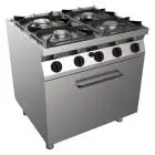 CUISINIÈRE À GAZ 4 FEUX  - MOD. H7MZE4FO - Sans flamme pilote - Four à gaz statique  GN 2/1 cm L 68,5 x P 53 x 35 H - Puissance  totale kW 26,9 - Dim. : cm L 80 x P 70 x H 85 - Norme CE