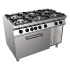 CUISINIÈRE À GAZ 6 FEUX  - MOD. H7MZE6FE - Sans flamme pilote - Four électrique statique GN 2/1 L 68,5 x P 53 x H 35 cm - Compartiment neutre - Puissance totale gaz 28,5 kW - Dimensions : L 120 x P 70 x H 85 cm - Norme CE