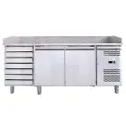 COMPTOIR RÉFRIGÉRÉ À PIZZA EN ACIER INOX AISI 201 - POUR BACS À PIZZA 60x40 cm - Ventilé - Mod. G-PZ2610TN FC - N. 2 Portes réfrigérés - Meuble à tiroir neutre - N. 7 Tiroirs - Température -2°/+8°C - Dim. 202x80xh100 cm - Norme CE