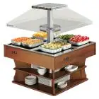 ÎLOT BUFFET D'EXPOSITION CHAUFFANT - MOD. LAGO8HOT - STRUCTURE EN BOIS - VOLTAGE TRIPHASÉ V 400/3/50 Hz - Temp. °C +30/+90 - PUISSANCE TOTALE W 3600 - DIM. Cm L 140 x P 140 x h 171 - POIDS Kg 112