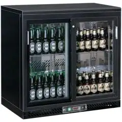VITRINE RÉFRIGÉRÉE EN TÔLE PEINTE ET ALLUMINIUM- POUR BOISSONS - Mod. G-BC2PS - VENTILÉ- CAPACITÉ 223 Lt - N. 2 PORTES COULISSANTES - Température +2°/+8°C - Dim. 92x53,5x92 cm - Norme CE