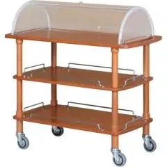 CHARIOT DE SERVICE EN BOIS 3 NIVEAUX AVEC CLOCHE SEMICIRCUILAIRE - MOD. CLC3 - Chariot pour gâteaux, fromages et  hors-d'oeuvre - Cloche semicirculaire en plexiglass equipé decouvercles rentrant - Dim. 110x55xh114 cm