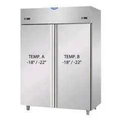 ARMOIRE RÉFRIGÉRÉE EN ACIER INOX AISI 304 - VENTILÉE  - COMBINÉE RÉFRIGÉRÉE  BT+BT -  Mod. AF I4 MID NN- CAPACITÉ 1380 Lt - N. 2 PORTES - TEMPERATURA NEGATIVE -18°/-22°C  - Dim. 142x80xh203/210 cm -Norme CE