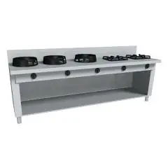 CUISINIÈRE À GAZ EURASIE  5 FEUX - MOD. PAP05 - Construite exclusivement sur mesure - Compartiment ouvert - Plan de travaille lisse - Puissance au gaz à choisir entre kW  3,0/4,5/7,5/9,5/14/21 - Dim. 150x100xh85 cm - Norme CE