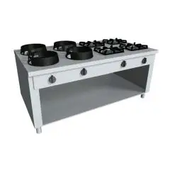 CUISINIÈRE À GAZ EURASIE  8 FEUX - MOD. PAP08 - Construite exclusivement sur mesure - Compartiment ouvert - Plan de travaille lisse - Puissance au gaz à choisir entre kW  3,0/4,5/7,5/9,5/14/21 - Dim. 200x100xh85 cm - Norme CE