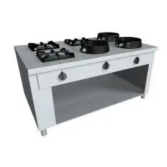 CUISINIÈRE  EURASIE À GAZ 6 FEUX AVEC COMMANDE SUR CHAQUE CÔTÉS- MOD. PAP062C - Construite exclusivement sur mesure - Compartiment ouvert - Plan de travaille lisse - Puissance au gaz à choisir entre kW 3,0/4,5/7,5/9,5/14/21 - Dim. 150x110xh85 cm - Norme C