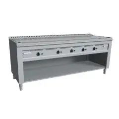 CUISINIÈRE  TEPPANYAKI À GAZ 5 FEUX  - MOD VGP5200L - 5 zones de cuisson - Construite exclusivement sur mesure - Compartiment ouvert - Plaque de cuisson en chrome dure poli - Chemin de câble périmétrique - Puissance au gaz  kW  29,0 (5x5,8 kW)- Dim. 200x7