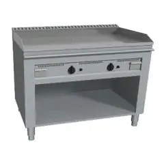 CUISINIÈRE  TEPPANYAKI À GAZ 2 FEUX  - MOD VGO2100L - 2 zones de cuisson - Construite exclusivement sur mesure - Compartiment ouvert - Plaque de cuisson en chrome dure poli - Dosseret sur 4 côtés - Puissance au gaz kW 11,6 (2x5,8 kW)- Dim. 100x72xh85 cm -