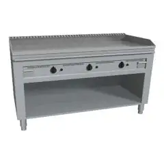 CUISINIÈRE  TEPPANYAKI À GAZ 3 FEUX  - MOD VGO3140L - 3 zones de cuisson - Construite exclusivement sur mesure - Compartiment ouvert - Plaque de cuisson en chrome dure poli -  Dosseret sur 4 côtés - Puissance au gaz kW 17,4 (3x5,8 kW)- Dim. 140x72xh85 cm 
