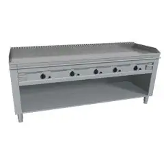 CUISINIÈRE  TEPPANYAKI À GAZ 5 FEUX  - MOD VGO5200L - 5 zones de cuisson - Construite exclusivement sur mesure - Compartiment ouvert - Plaque de cuisson en chrome dure poli -  Dosseret sur 4 côtés - Puissance au gaz kW 29,0 (5x5,8 kW)- Dim. 200x72xh85 cm 