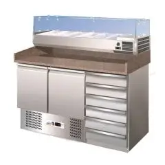COMPTOIR RÉFRIGÉRÉ À PIZZA EN ACIER INOX AISI 304 - GASTRONORM 1/1 ( 53x32,5cm) - STATIQUE - Mod. G-S903PZCAS - N. 2 portes réfrigérées + 6 Tiroirs neutres - Température +2°/+8°C - Dim. 140x70x146,5 cm - Norme CE