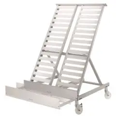 Écran incliné avec support de haut-parleur avant amovible - Pour fruits et légumes - Mod. QUEEN XPE12 - Capacité: n. 10+2 boîtes - Cadre en alliage d'aluminium anodisé - Inclinaison réglable - Avec roues (n.2 avec verrouillage du pied)