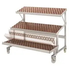 Présentoir avec étagères inclinées - Pour fruits et légumes - Mod. FULL - N. 2 tablettes fixes + N. 1 plancher inférieur refermable - Cadre en alliage d'aluminium anodisé - Avec roues (n.2 avec verrouillage de pédale)