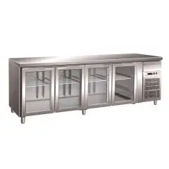 TABLE RÉFRIGÉRÉE EN ACIER INOX AISI 304 - VENTILÉ - Mod. G-GN4100TNG - GASTRONORM 1/1 ( 53x32,5cm) - CAPACITÉ BRUTE ' 553 Lt - N. 4 PORTES EN VERRE - Température +2°/+8°C - Dim. 223x70x86 cm - Norme CE