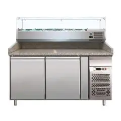COMPTOIR RÉFRIGÉRÉ À PIZZA EN ACIER INOX AISI 304 - AVEC VITRINE À INGRÉDIENTS - POUR BACS À PIZZA 60x40  cm - VENTILÉ - Mod. G-PZ2600TN38 - N. 2 portes - Temperature +2°/+8°C - Dim. 151x80x144,5 cm - Norme CE