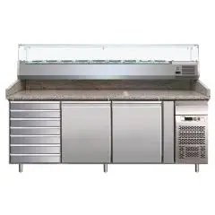 COMPTOIR RÉFRIGÉRÉ À PIZZA EN ACIER INOX AISI 304 - POUR BACS À PIZZA 60x40 cm - VENTILÉ - Mod. G-PZ2610TN33 - N. 2 portes + 1 Meublé à tiroirs neutre - N. 7 tiroirs - Température +2°/+8°C - Dim. 202,5x80x144,5 cm - Norme CE