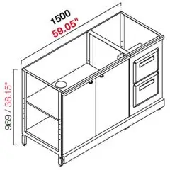 ARRIÈRE COMPTOIR DE BAR NEUTRE - SEMI OUVRÉ, IL NÉCESSITE DE PANNEAUX - MOD. RBL1500ANTETRDOUBLE - STRUCTURE EN MÉTAL  - N. 2 PORTES BATTANTES GRISES MÉLAMINÉ - TRÈMIE  DOUBLE - DISPONIBLE EN 2 PROFONDEURS : cm 55, 63 - DIM Cm L 150 X H 96,9