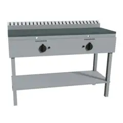 PLAQUE À PIADINA À GAZ - Mod. RAJ2GKGG - Sur pieds en acier inox - Plan de cuisson en acier inox -  2 zones de cuisson - Capacité thermique 26 kW - Dim. L 126 x P 53 x H 85 cm - Norme CE