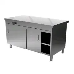 Meuble avec porte coulissantes et compartiment inférieure chauffant - Structure en inox  finissage en scotch brite