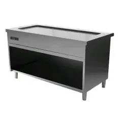 Meuble bain marie avec plan chaud à sec  et compartiment ouvert - Structure en inox  finissage en scotch brite