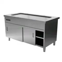 Meuble bain marie avec plan chaud à sec  et compartiment avec portes coulissantes - Structure en inox  finissage en scotch brite
