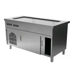 Meuble réfrigéré avec bords anti ruissellement  et compartiment avec portes coulissantes - bords anti ruissellement  h 2 cm - Structure en inox  finissage en scotch brite