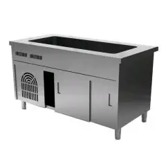 Meuble réfrigéré avec cuve et compartiment avec portes coulissantes - Cuve h 22 cm - Structure en inox  finissage en scotch brite