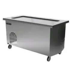 Meuble réfrigéré avec bords anti ruissellement  -Îlot central sur roues - Compartiment inférieure caché - panneaux latéraux  bas- Structure en inox  finissage en scotch brite