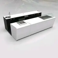 COMPTOIR DE BAR ET COMPTOIR ARRIÈRE AVEC PRÉSENTOIR DE CRÈME GLACÉE PANORAMIQUE - MOD. START UP L1000PANORAMA+L2500/SX H951 VT - AVEC RÉSERVOIR RÉFRIGÉRÉ POUR L’AFFICHAGE DES ALIMENTS ET DES BOISSONS À GAUCHE - VERRE POUR LA PROTECTION DU RÉSERVOIR RÉFRIG
