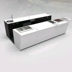 COMPTOIR DE BAR ET COMPTOIR ARRIÈRE AVEC PRÉSENTOIR DE CRÈME GLACÉE PANORAMIQUE - MOD. START UP L1000PANORAMA+L2500/SX H951 BC - AVEC RÉSERVOIR RÉFRIGÉRÉ POUR AFFICHAGE DES ALIMENTS ET BOISSONS À GAUCHE - PALETTE DE PROTECTION EN VERRE TRANSPARENT POUR RÉ