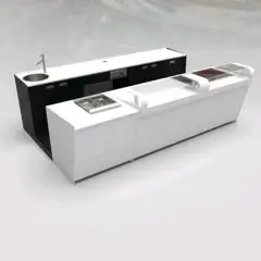 COMPTOIR DE BAR ET COMPTOIR ARRIÈRE AVEC PRÉSENTOIR DE CRÈME GLACÉE PANORAMIQUE - MOD. START UP L1000PANORAMA+L2500/SX H1150 - AVEC RÉSERVOIR RÉFRIGÉRÉ POUR AFFICHAGE DES ALIMENTS ET BOISSONS À GAUCHE - N. 1 PALETTE DE PROTECTION EN VERRE TRANSPARENT POUR