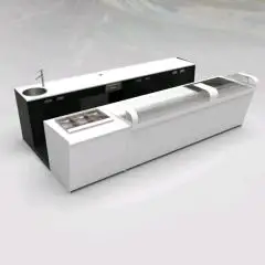 COMPTOIR DE BAR ET COMPTOIR ARRIÈRE AVEC PRÉSENTOIR DE CRÈME GLACÉE PANORAMIQUE - MOD. START UP L1000PANORAMA+L3000/SX H1150 - AVEC RÉSERVOIR RÉFRIGÉRÉ POUR AFFICHAGE DES ALIMENTS ET BOISSONS À GAUCHE - N. 1 PALETTE DE PROTECTION EN VERRE TRANSPARENT POUR