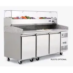 TABLE RÉFRIGÉRÉE / COMPTOIR À PIZZA EN ACIER INOX - Mod. EPF3485GR/33 - CLASSE ÉNERGÉTIQUE B - AVEC VITRINE PORTE-INGRÉDIENTS GN 1/4 - POUR BACS À PÂTONS 60 x 40 cm - FROID VENTILÉ - 3 PORTES - TEMPÉRATURE -2°/+8°C - Dim. L 201 x P 80 x h 143,5 cm - Norme