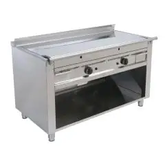 CUISINIÈRE  TEPPANYAKI À GAZ 2 FEUX  - MOD. VGP2100L - 2 zones de cuisson - Construite exclusivement sur mesure - Compartiment ouvert - Plaque de cuisson en chrome dure poli - Chemin de câble périmétrique - Puissance au gaz  kW 11,6 (2x5,8 kW)- Dim. 100x7