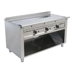CUISINIÈRE  TEPPANYAKI À GAZ 3 FEUX  - MOD. VGP3120L  - 3 zones de cuisson - Construite exclusivement sur mesure - Compartiment ouvert - Plaque de cuisson en chrome dure poli - Chemin de câble périmétrique - Puissance au gaz kW 17,4 (3x5,8 kW)- Dim. 120x7