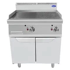 PLANCHA PROFESSIONNELLE À GAZ, 1/2 PLAQUE INOX LISSE et 1/2 PLAQUE INOX RAINURÉE - Mod. CV9I8IHF - COMPARTIMENT AVEC PORTES À BATTANT  - Puissance 20 kW - Dimensions L 80 X P 90 X H 114 cm - Norme CE