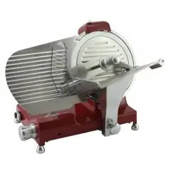 TRANCHEUSE OBLIQUE - Mod. BKL 250 R LUX - Peinte en rouge - Lame en acier inox ø 250 - Capacité de coupe L 190 x P 130 mm - Affûteur fixe - Verrouillage du chariot - Boutons de réglage en aluminium - Alimentation monophasée 230V/1/50Hz - Norme CE