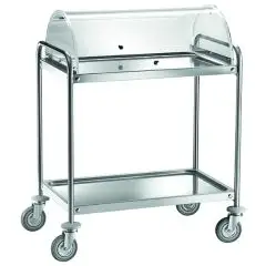 CHARIOT DE SERVICE À DEUX ÉTAGES - Mod CA139C - Pour desserts et apéritifs - Structure tubulaire Ø 25 mm en acier inoxydable - Plateaux moulés en acier inoxydable, insonorisés avec finition satinée - Dôme en plexiglas