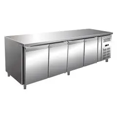 TABLE RÉFRIGÉRÉE EN ACIER INOX AISI 304 - FROID VENTILÉ - Mod. ECZ4100BT - GASTRONORM 1/1 (53 x 32,5 cm) - 4 PORTES - CAPACITÉ 616 L - TEMPÉRATURE -10°/-20°C - Dim. L 223 x P 70 x h 86 cm - Norme CE