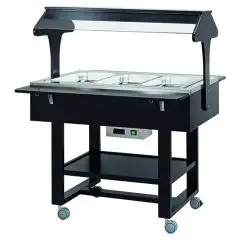 CHARIOT CHAUD BAIN-MARIE - MOD. CL2774 - Structure en contreplaqué de bouleau - Température +30°/+90°C - Dôme en plexiglas - Capacité N° 3 GN 1/1 H 15 cm - Alimentation 230V/1/50Hz - Dimensions cm L 111 x P 112 x H 141