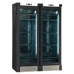 VITRINE RÉFRIGÉRÉE POUR VIN - Mod. ENY 820 N BLACK - STATIQUE  - TEMPERATURE °C +4/+18 - N. 2 PORTES EN VERRE - STRUCTURE EN BOIS FRÊNE NOIR - CAPACITÉ BRUTE Lt. 764 - CAPACITÉ NETTE Lt. 604 - PUISSANCE W 244 - ALIMENTATION 220/50Hz MONOPHASÉ - DIMENSIONS