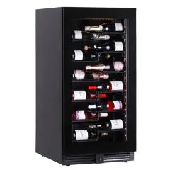 VITRINE RÉFRIGÉRÉE POUR VIN - Mod EY120I1VD NL - VENTILÉE - TEMPÉRATURE °C +2/+20 - 1 PORTE EN VERRE - STRUCTURE EN TÔLE LAQUÉE NOIRE - CAPACITÉ BRUTE DE 273 L - PUISSANCE 115 W - ALIMENTATION 220/50Hz MONOPHASÉE - DIMENSIONS cm L 59,5 x P 69 x H 120