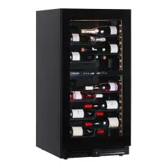 VITRINE RÉFRIGÉRÉE POUR VIN - Mod EY120I2VD NL - Ventilée - Température +2°/+12°C / +12°/+20°C - 1 porte en verre - Structure en tôle peinte en noir - Capacité brute de 270 L - Puissance 115 W - Alimentation 220/50Hz monophasée - Dimensions cm L 59,5 x P 