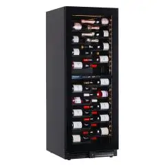 VITRINE RÉFRIGÉRÉE POUR VIN - Mod EY160I2VD NL - Ventilée - Température +2°/+12°C / +12°/+20°C - 1 porte en verre - Structure en tôle peinte en noir - Capacité brute de 382 L - Puissance 130 W - Alimentation 220/50Hz monophasée - Dimensions cm L 59,5 x P 