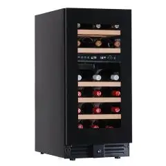 VITRINE RÉFRIGÉRÉE POUR VIN - Mod EY37I2VD NL - Ventilée - Température +2°/+12°C / +12°/+20°C - 1 porte en verre - Structure en tôle peinte en noir - Capacité brute de 86 L - Puissance 80 W - Alimentation 220/50Hz monophasée - Dimensions cm L 38 x P 57,3 