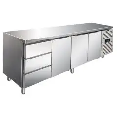 TABLE RÉFRIGÉRÉE EN ACIER INOXYDABLE AISI 304 - VENTILÉE - Mod CXF4130TN - GASTRONORM 1/1 (53 x 32,5 cm) - 3 PORTES RÉFRIGÉRÉES - 3 TIROIRS RÉFRIGÉRÉS - CAPACITÉ 476 L - TEMPÉRATURE -2°/+8°C - Dimensions cm L 223 x P 70 x H 86